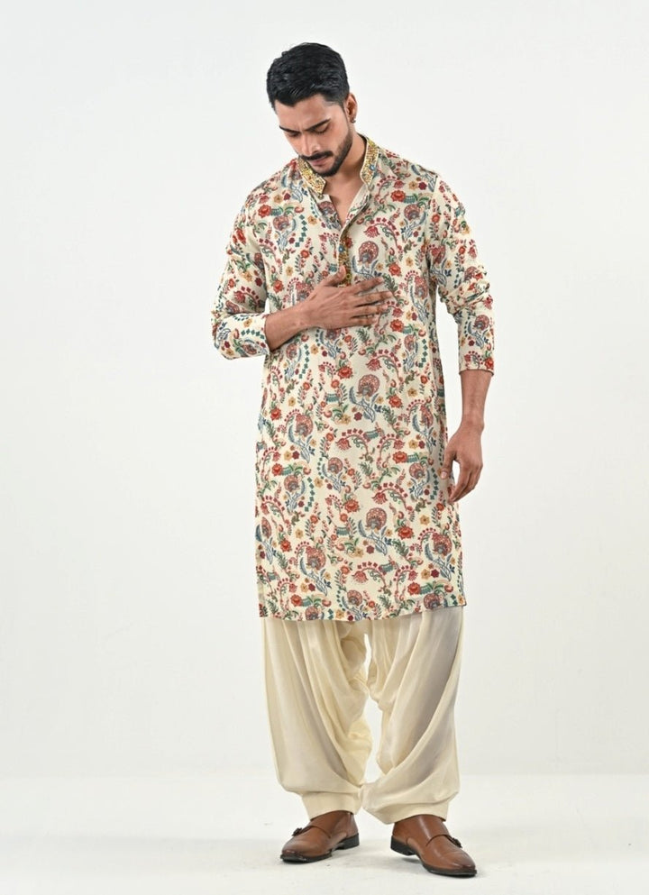Ivory Printed Chinon Kurta with Cowl Pants Juhi Bengani - Men - Fabilicious Fashion