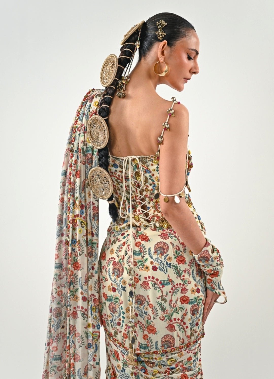 Ivory Printed Chinon Pre - Draped Saree With Corset Blouse Juhi Bengani - Fabilicious Fashion