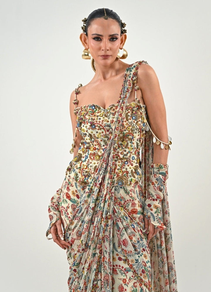Ivory Printed Chinon Pre - Draped Saree With Corset Blouse Juhi Bengani - Fabilicious Fashion