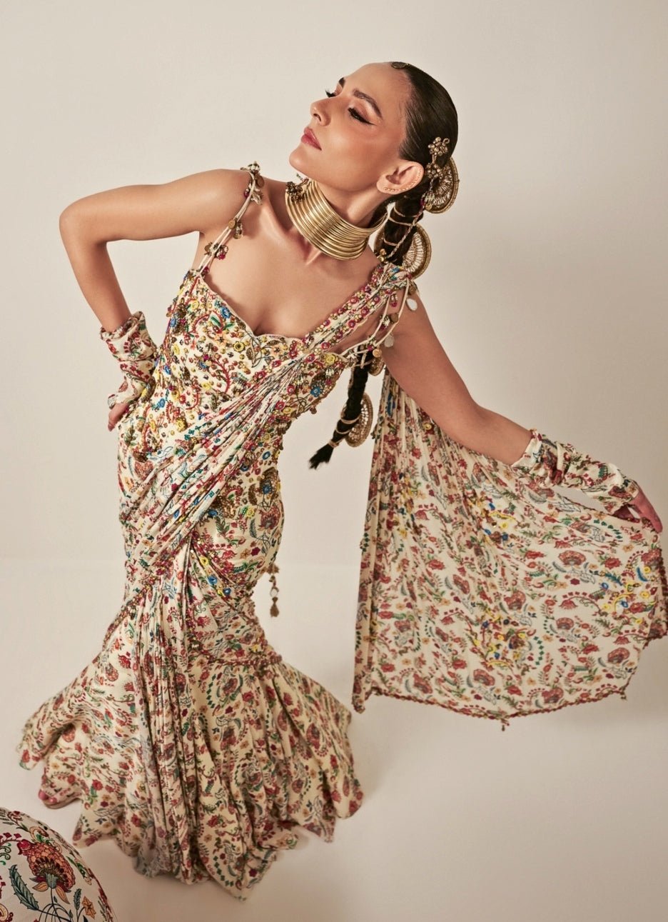 Ivory Printed Chinon Pre - Draped Saree With Corset Blouse Juhi Bengani - Fabilicious Fashion