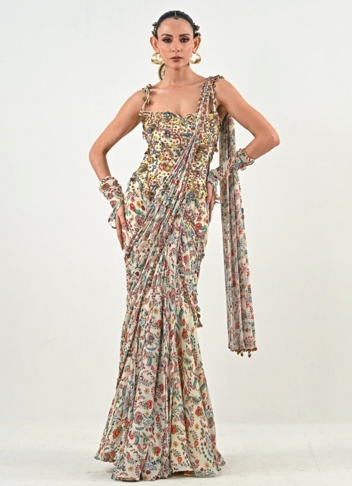 Ivory Printed Chinon Pre - Draped Saree With Corset Blouse Juhi Bengani - Fabilicious Fashion