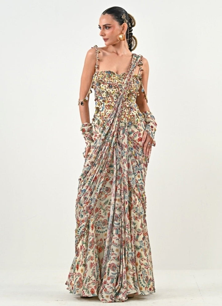 Ivory Printed Chinon Pre - Draped Saree With Corset Blouse Juhi Bengani - Fabilicious Fashion