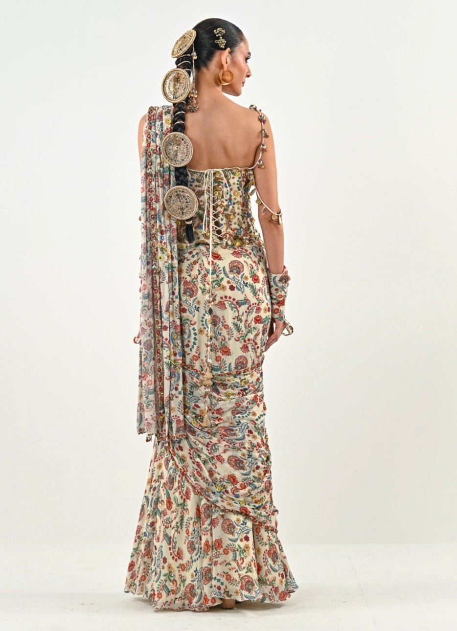 Ivory Printed Chinon Pre - Draped Saree With Corset Blouse Juhi Bengani - Fabilicious Fashion