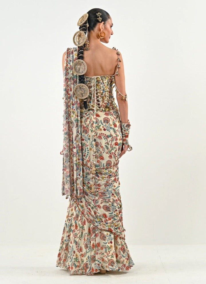 Ivory Printed Chinon Pre - Draped Saree With Corset Blouse Juhi Bengani - Fabilicious Fashion