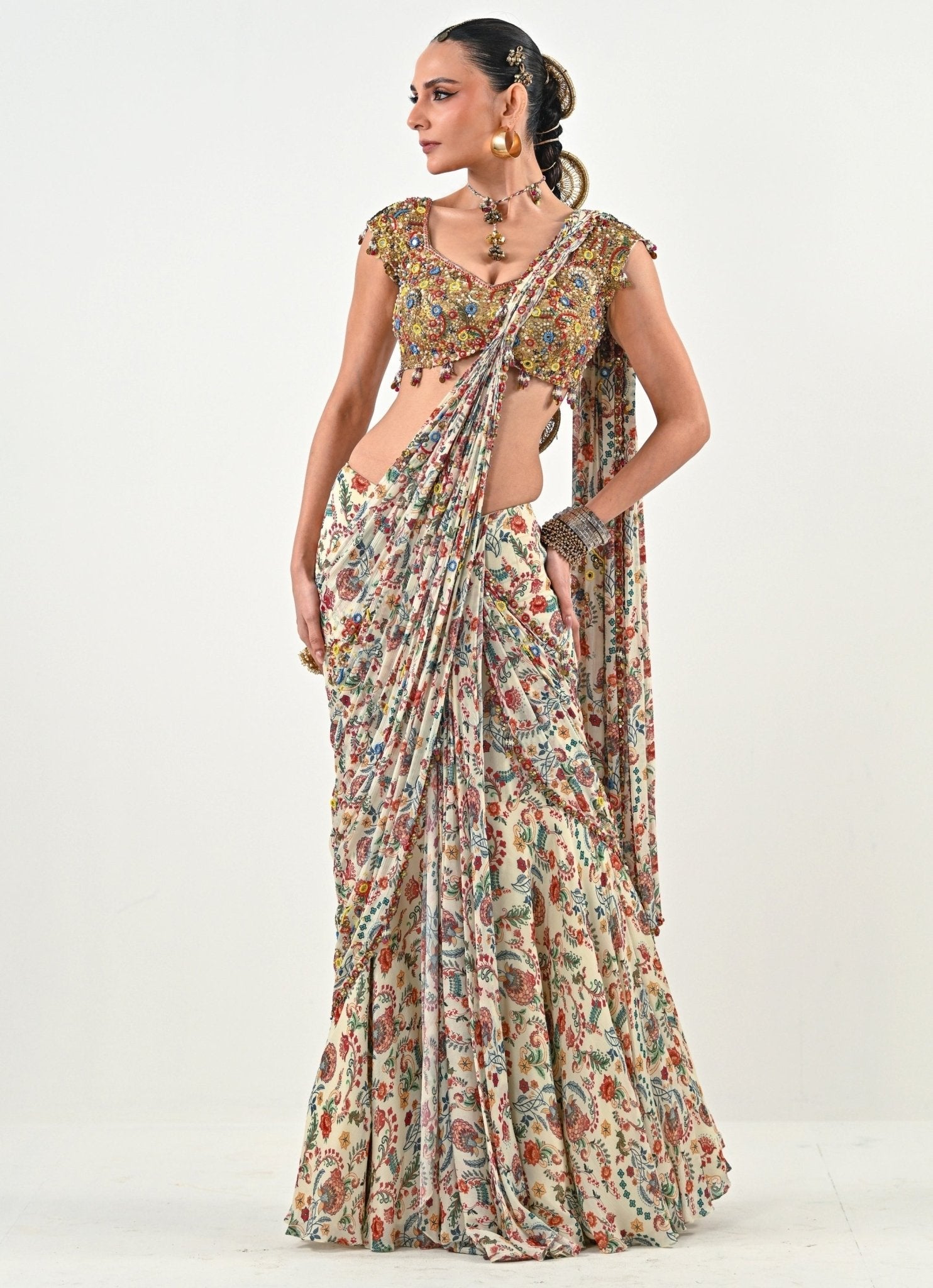 ivory predraped saree elegant wedding guest look