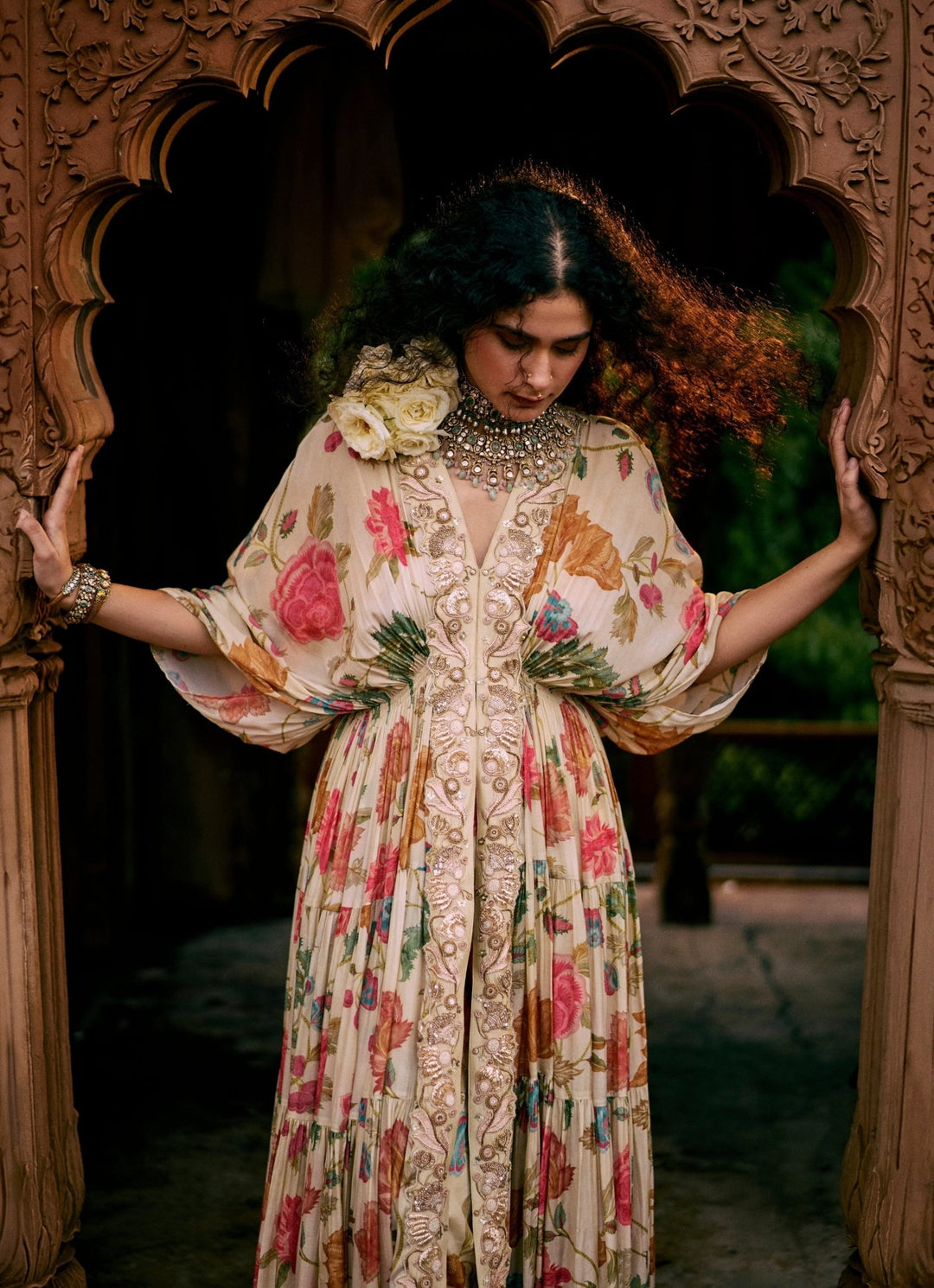 Ivory Printed Crepe Kaftan Set Paulmi and Harsh - Fabilicious Fashion