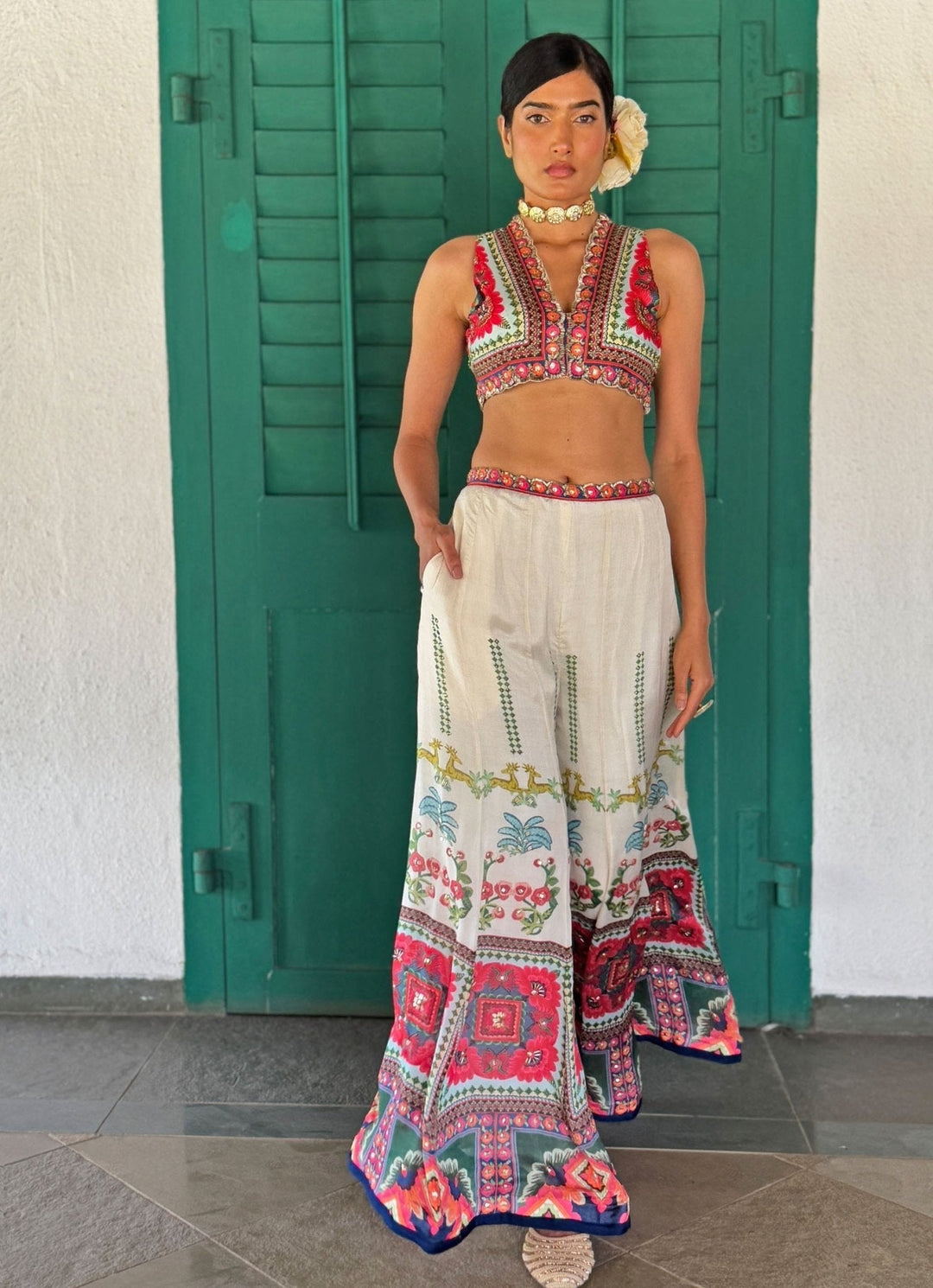 Ivory Printed Embroidered Crop Top Pant Basil Leaf - Fabilicious Fashion