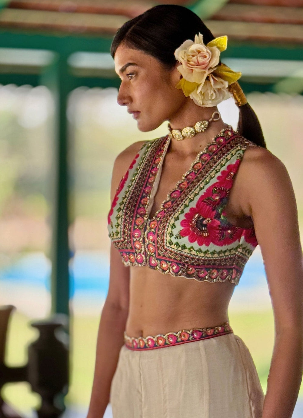 Ivory Printed Embroidered Crop Top Pant Basil Leaf - Fabilicious Fashion