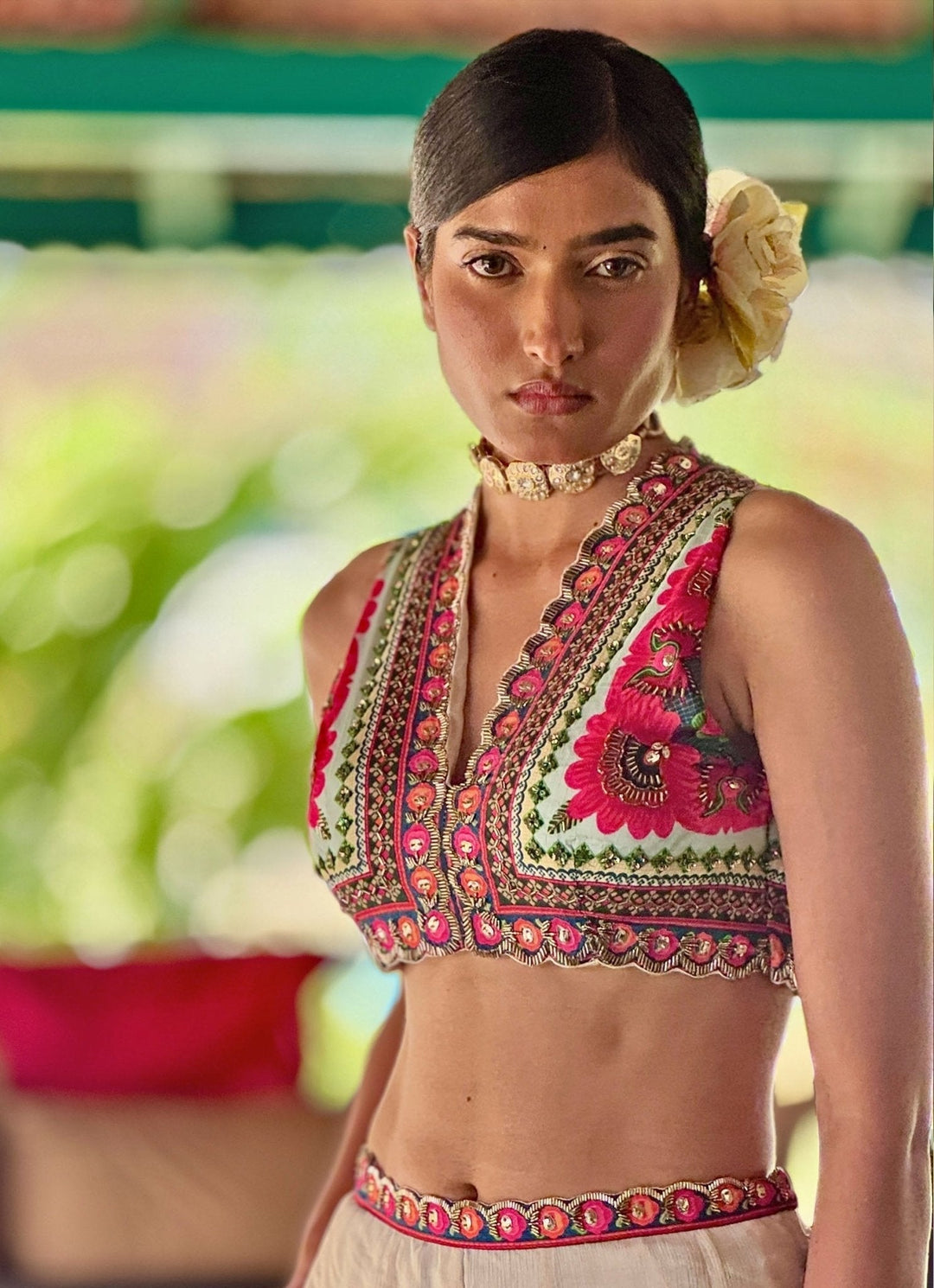 Ivory Printed Embroidered Crop Top Pant Basil Leaf - Fabilicious Fashion