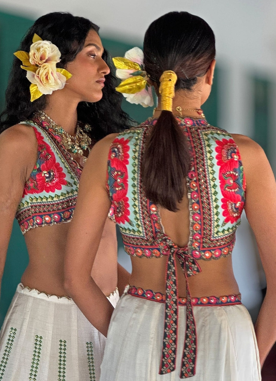 Ivory Printed Embroidered Crop Top Pant Basil Leaf - Fabilicious Fashion