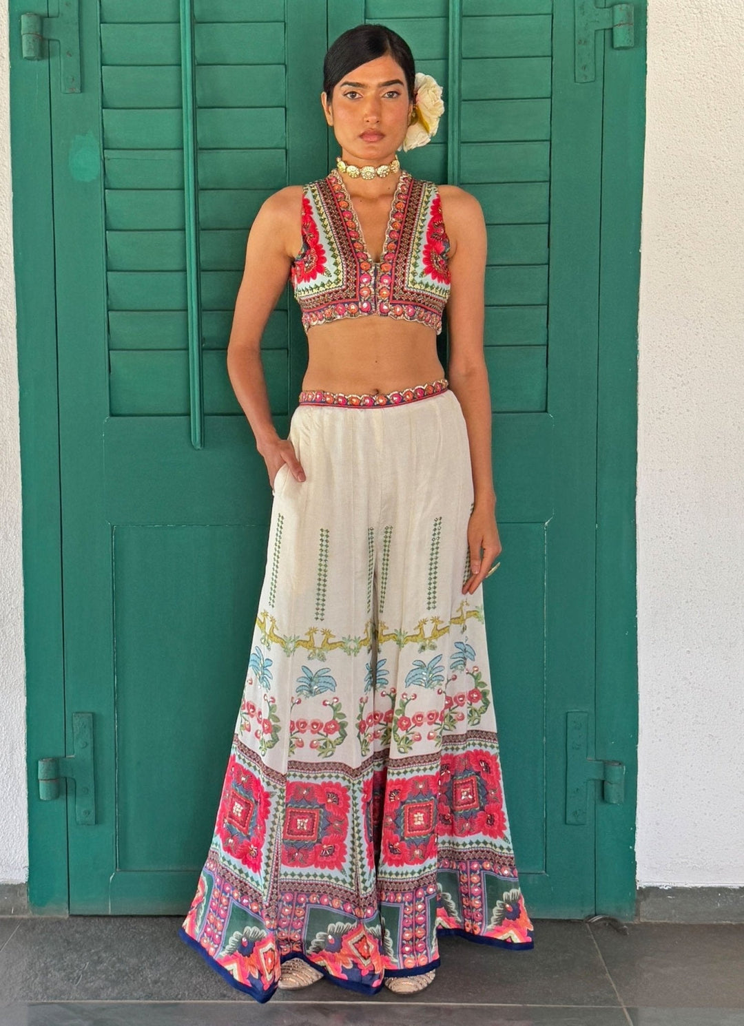 Ivory Printed Embroidered Crop Top Pant Basil Leaf - Fabilicious Fashion