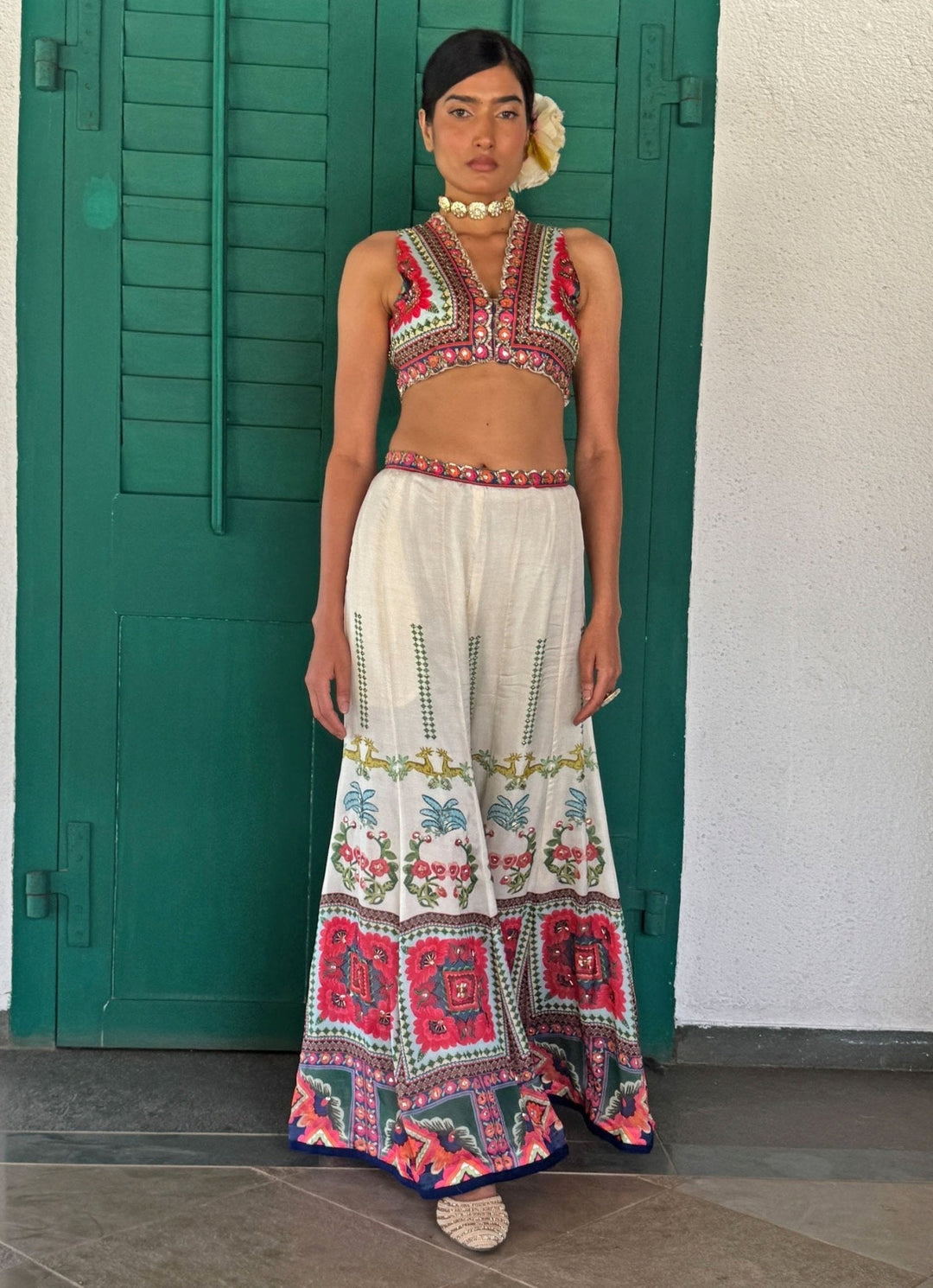 Ivory Printed Embroidered Crop Top Pant Basil Leaf - Fabilicious Fashion
