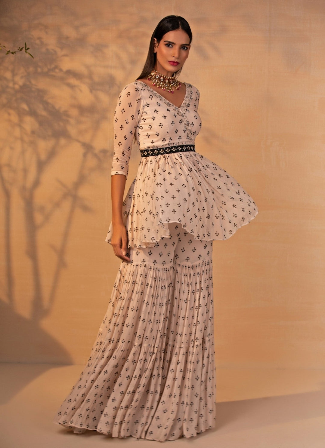 Esha Koul Ivory Printed Georgette Kurta Garara Set With Black BeltFabilicious Fashion