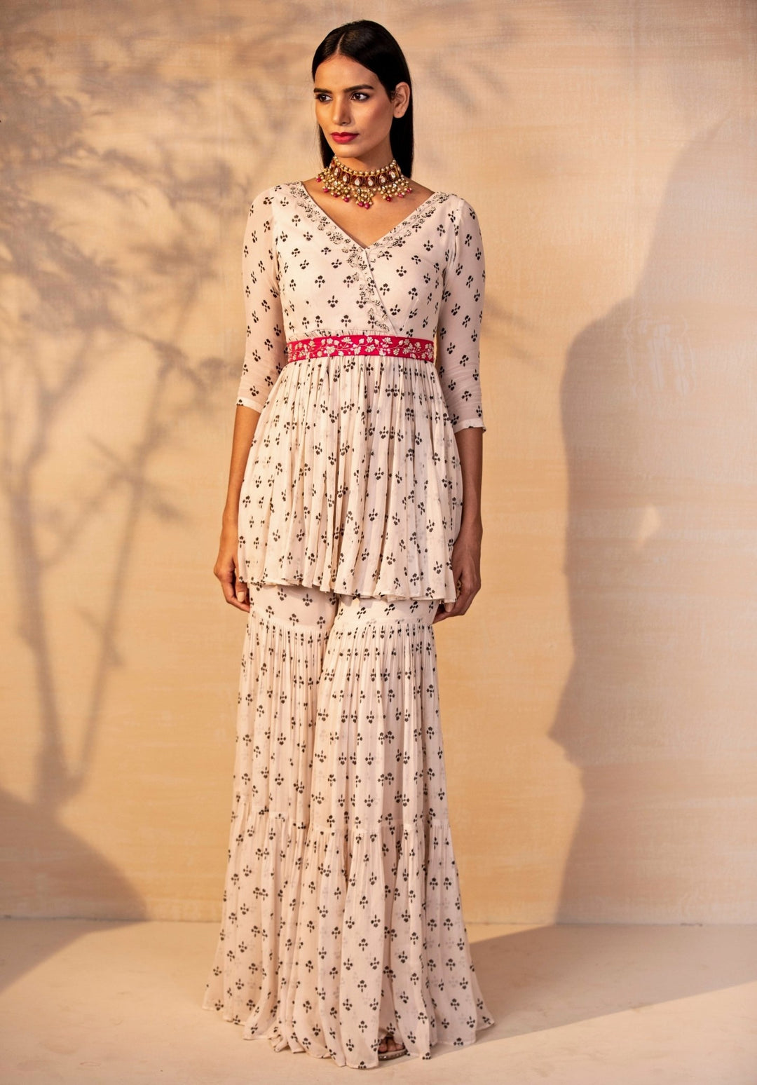 Ivory Printed Georgette Kurta Garara Set With Pink Belt Esha Koul - Fabilicious Fashion