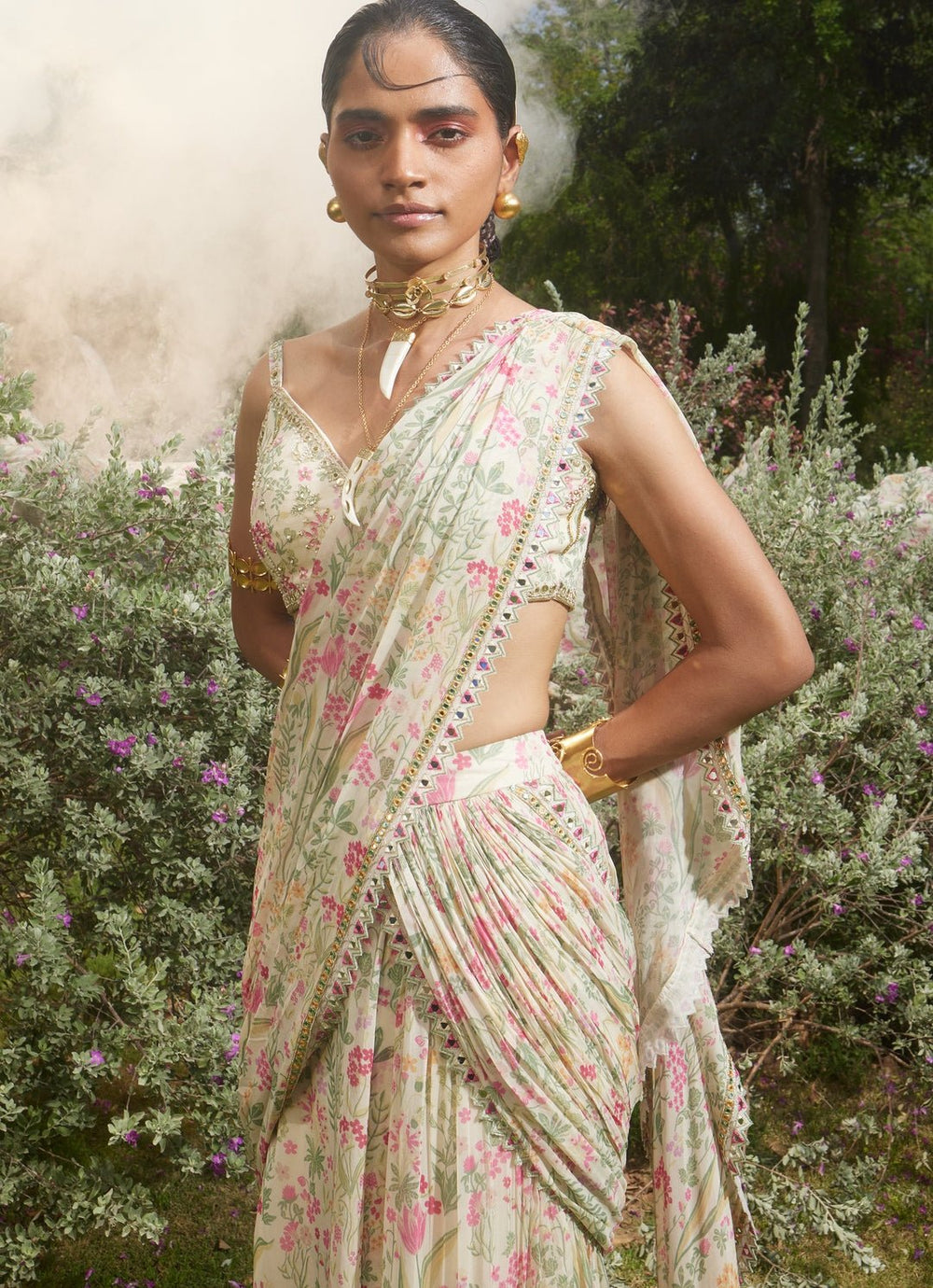 Ivory Printed Georgette Predraped Saree Paulmi and Harsh - Fabilicious Fashion