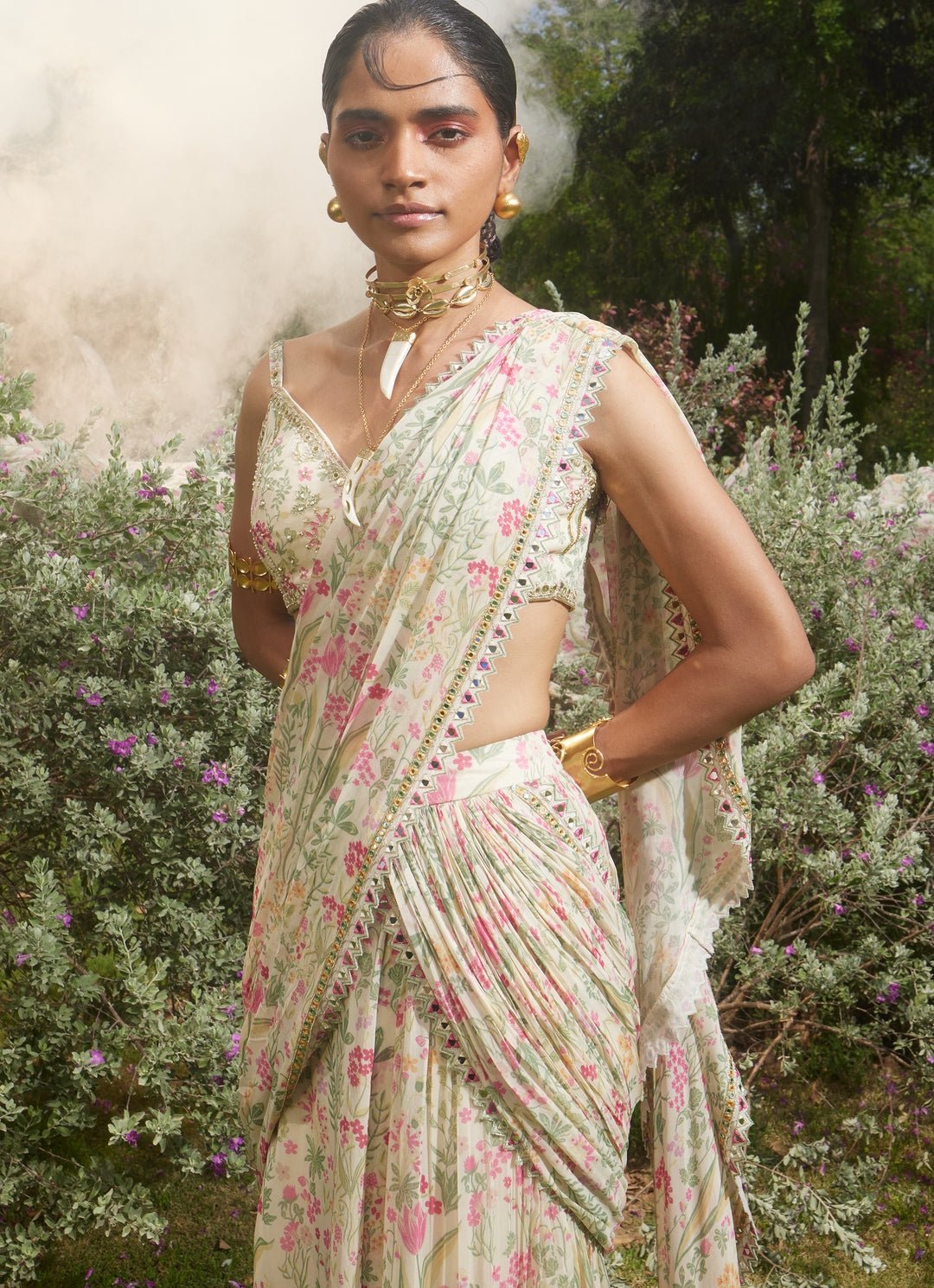 Ivory Printed Georgette Predraped Saree Paulmi and Harsh - Fabilicious Fashion