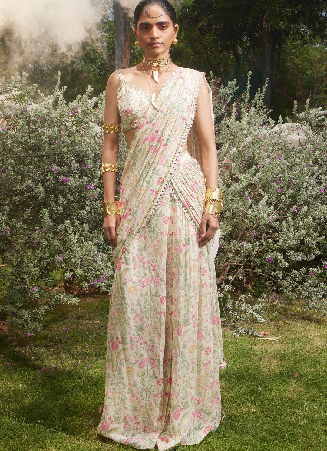 Ivory Printed Georgette Predraped Saree Paulmi and Harsh - Fabilicious Fashion