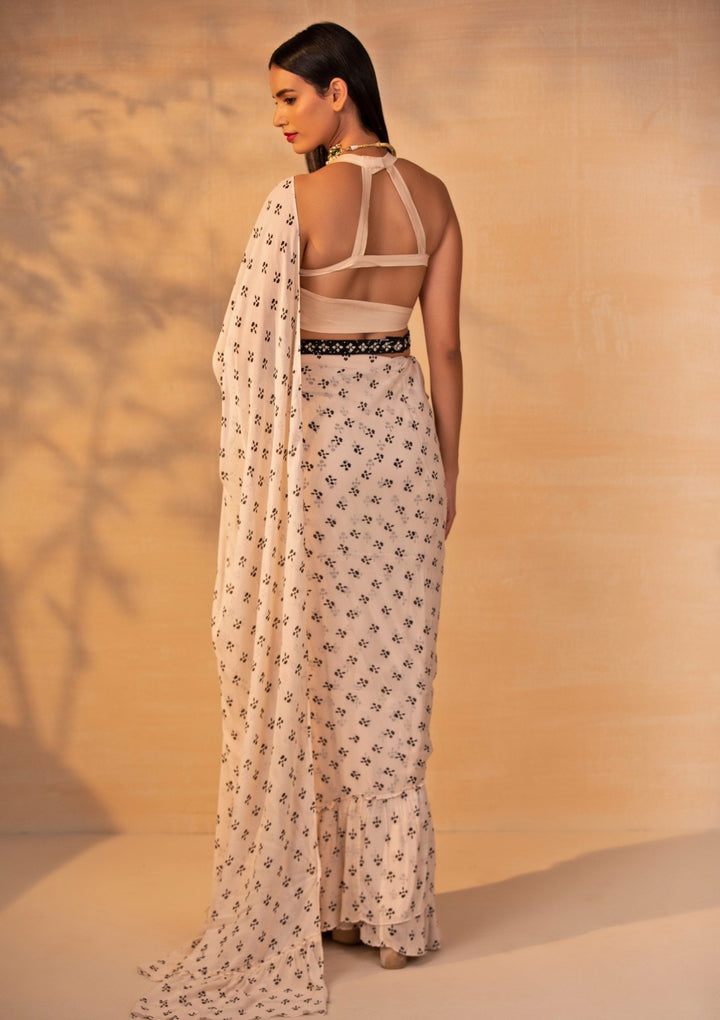 Ivory Printed Georgette Ruffle Pre - Draped Saree Esha Koul - Fabilicious Fashion