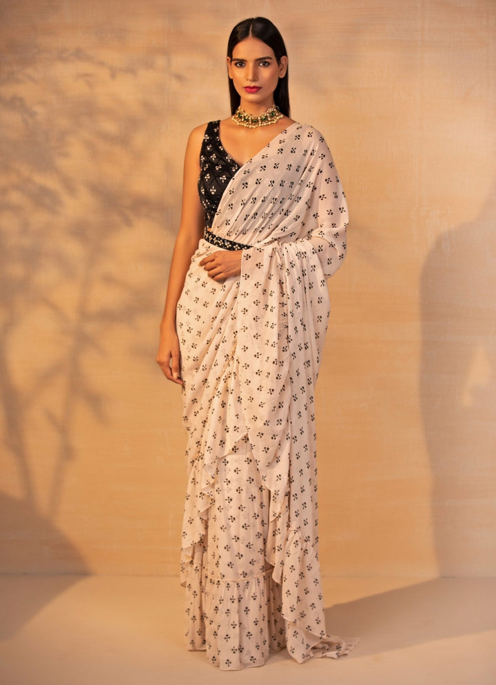 Ivory Printed Georgette Ruffle Saree With Black Blouse Esha Koul - Fabilicious Fashion