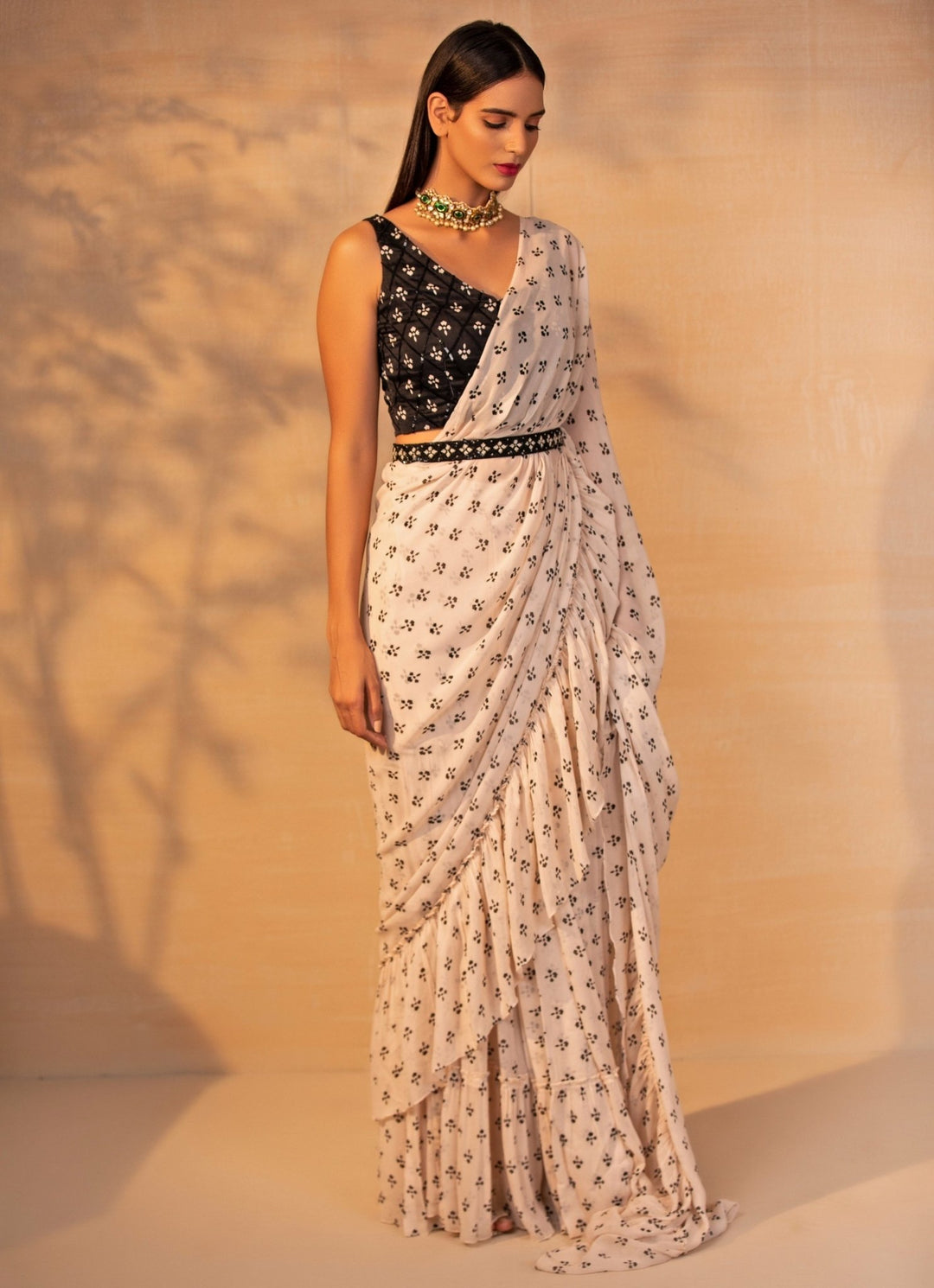 Ivory Printed Georgette Ruffle Saree With Black Blouse Esha Koul - Fabilicious Fashion