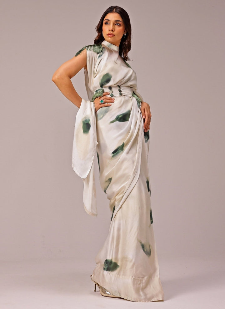 Studio Surbhi Ivory Printed Georgette Satin Pre-Draped SareeFabilicious Fashion