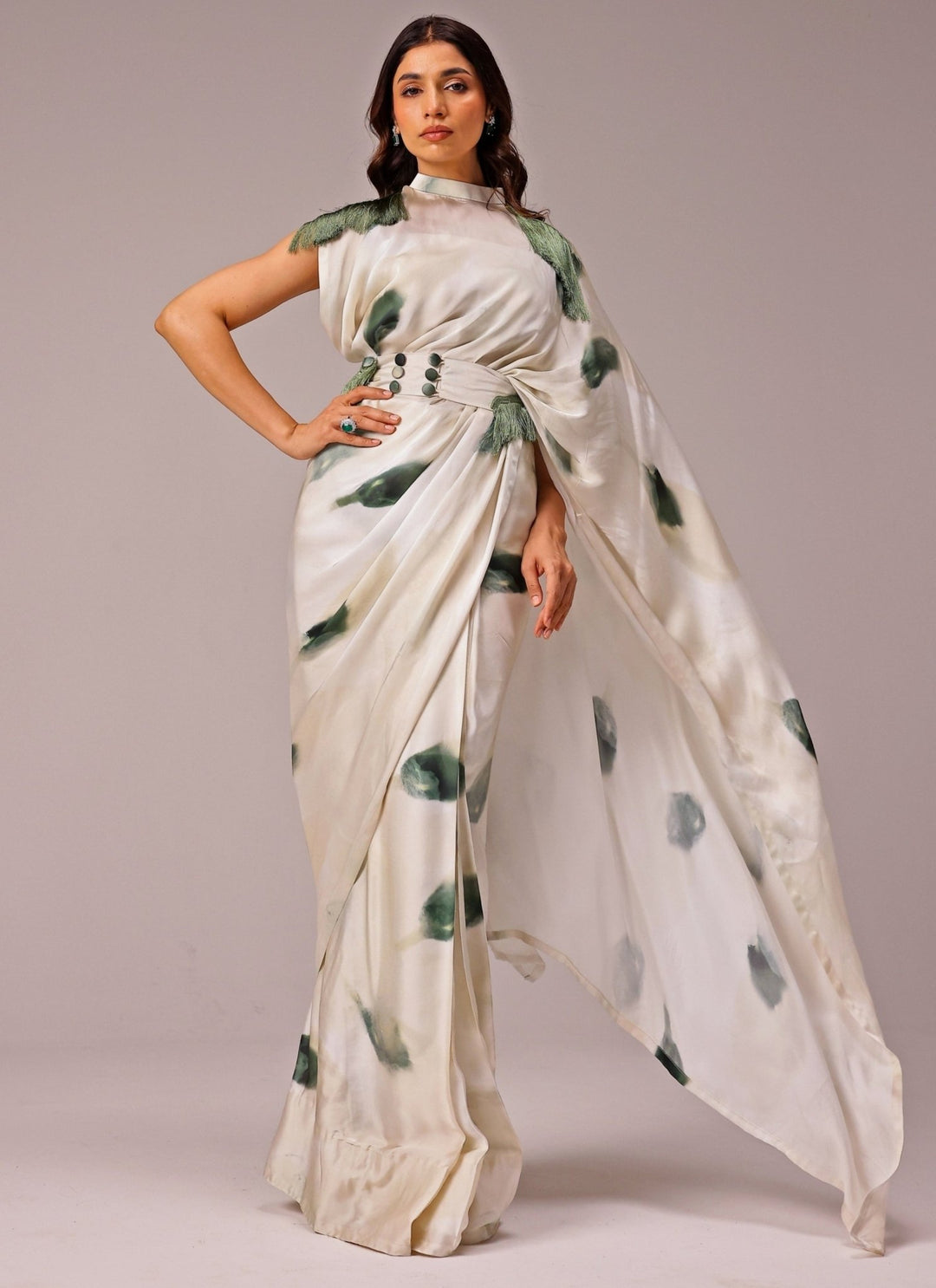 Studio Surbhi Ivory Printed Georgette Satin Pre-Draped SareeFabilicious Fashion