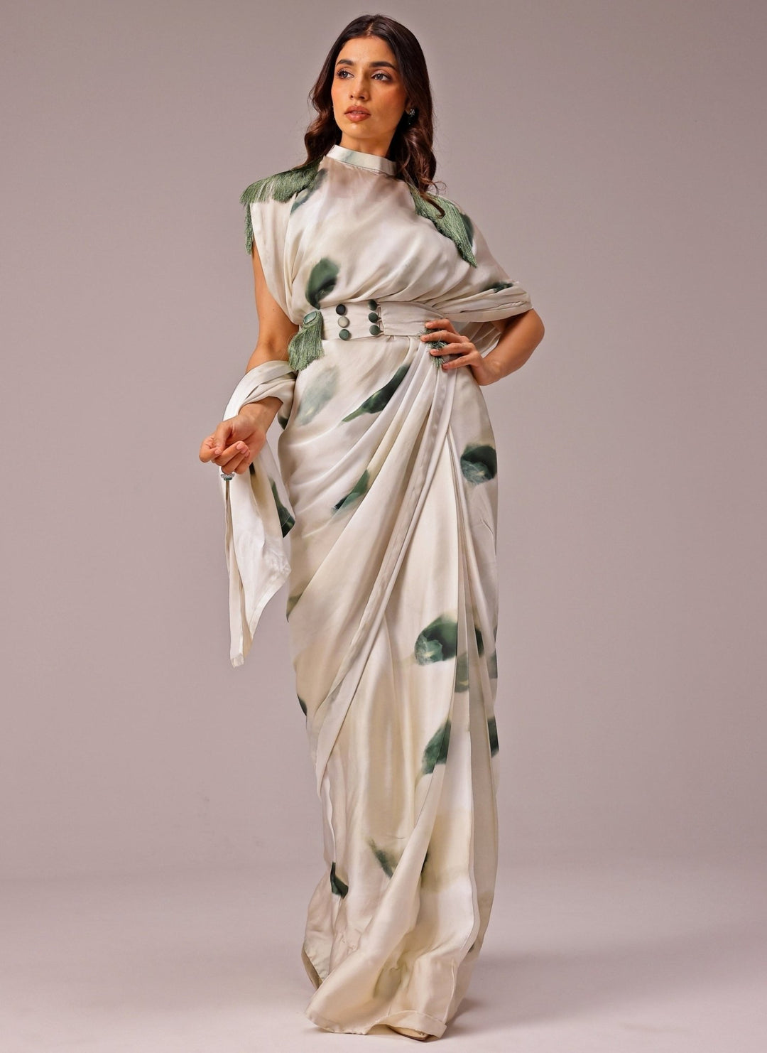 Studio Surbhi Ivory Printed Georgette Satin Pre-Draped SareeFabilicious Fashion