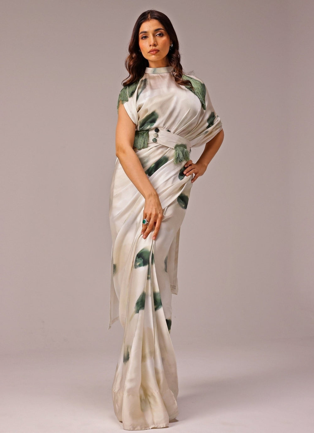 Studio Surbhi Ivory Printed Georgette Satin Pre-Draped SareeFabilicious Fashion