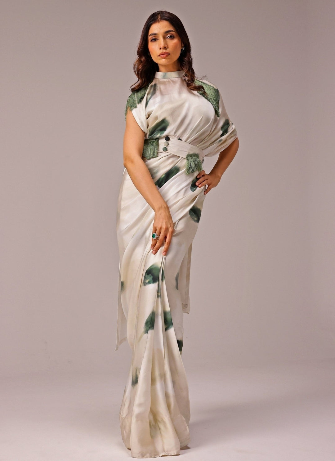 Studio Surbhi Ivory Printed Georgette Satin Pre-Draped SareeFabilicious Fashion