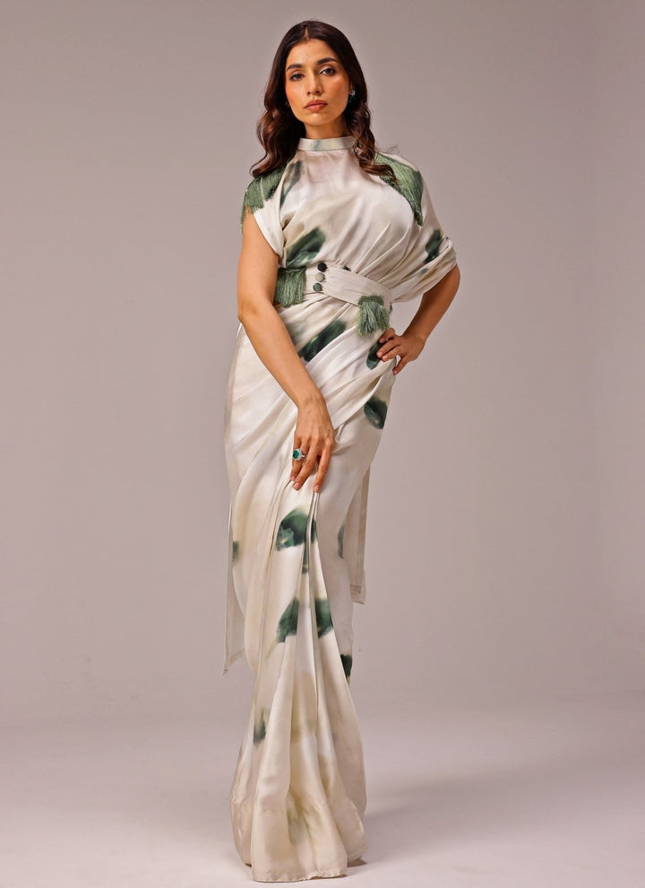 Studio Surbhi Ivory Printed Georgette Satin Pre-Draped SareeFabilicious Fashion