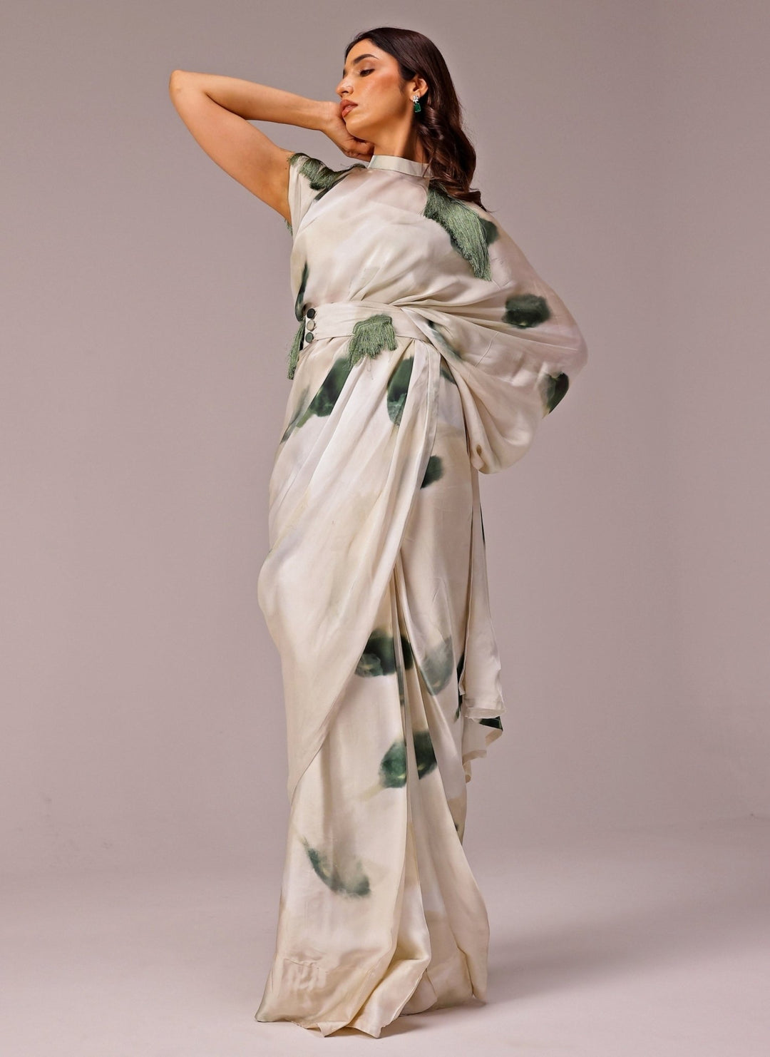 Studio Surbhi Ivory Printed Georgette Satin Pre-Draped SareeFabilicious Fashion