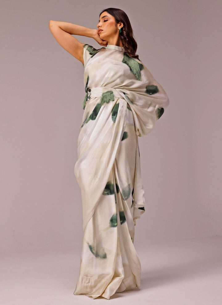 Studio Surbhi Ivory Printed Georgette Satin Pre-Draped SareeFabilicious Fashion
