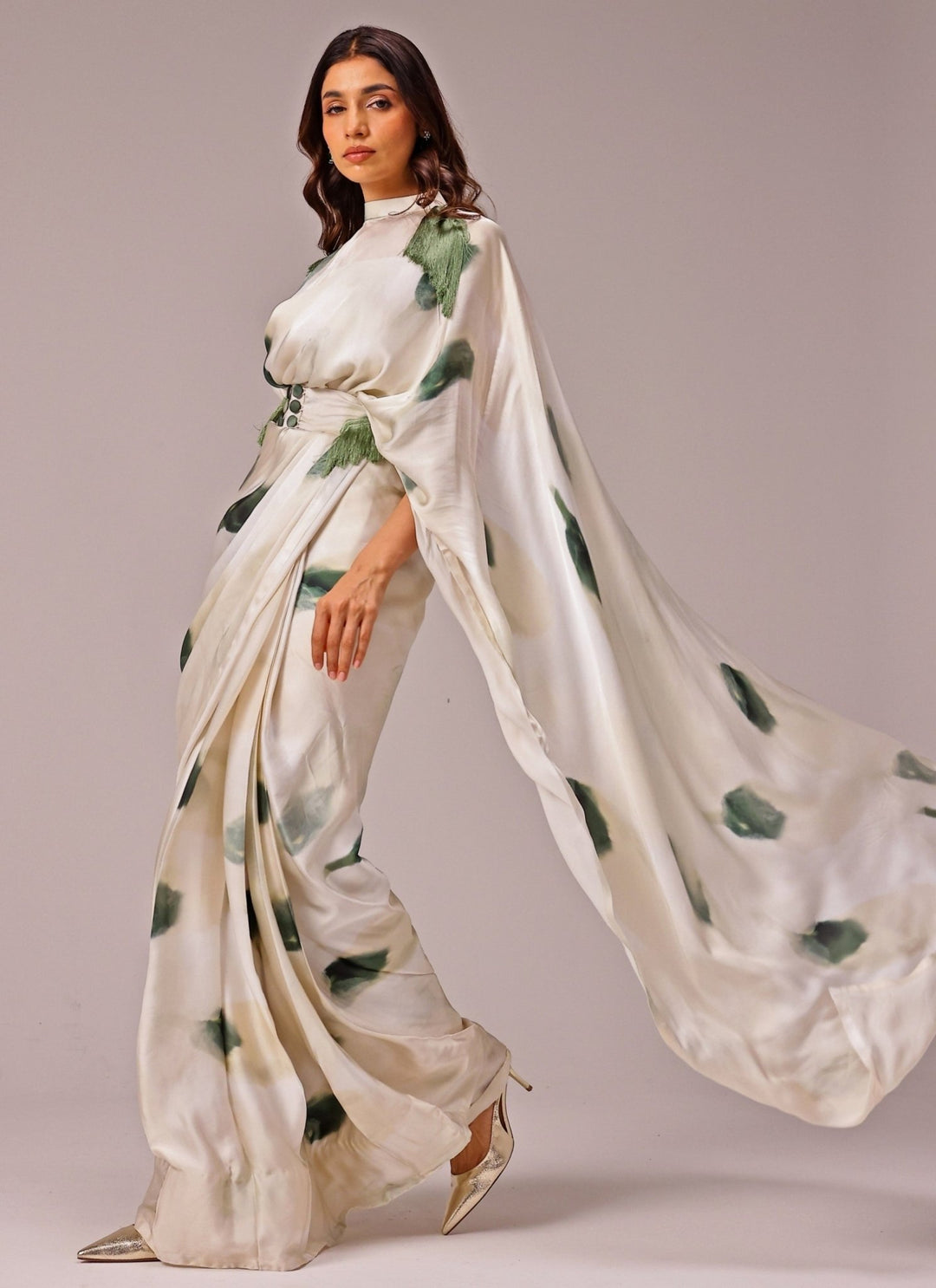 Studio Surbhi Ivory Printed Georgette Satin Pre-Draped SareeFabilicious Fashion