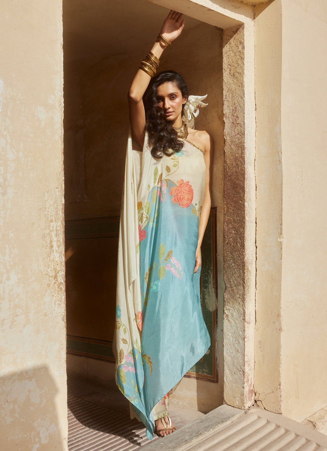 Ivory Printed One Shoulder Dress Set Paulmi and Harsh - Fabilicious Fashion