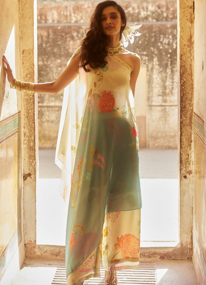 Ivory Printed One Shoulder Dress Set Paulmi and Harsh - Fabilicious Fashion