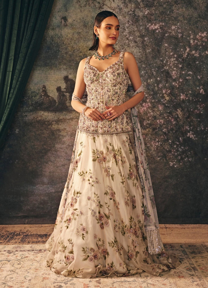 Ivory Printed Organza Lehenga Set With Corset Mani Bhatia - Fabilicious Fashion