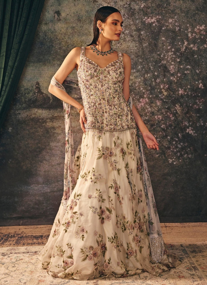 Ivory Printed Organza Lehenga Set With Corset Mani Bhatia - Fabilicious Fashion