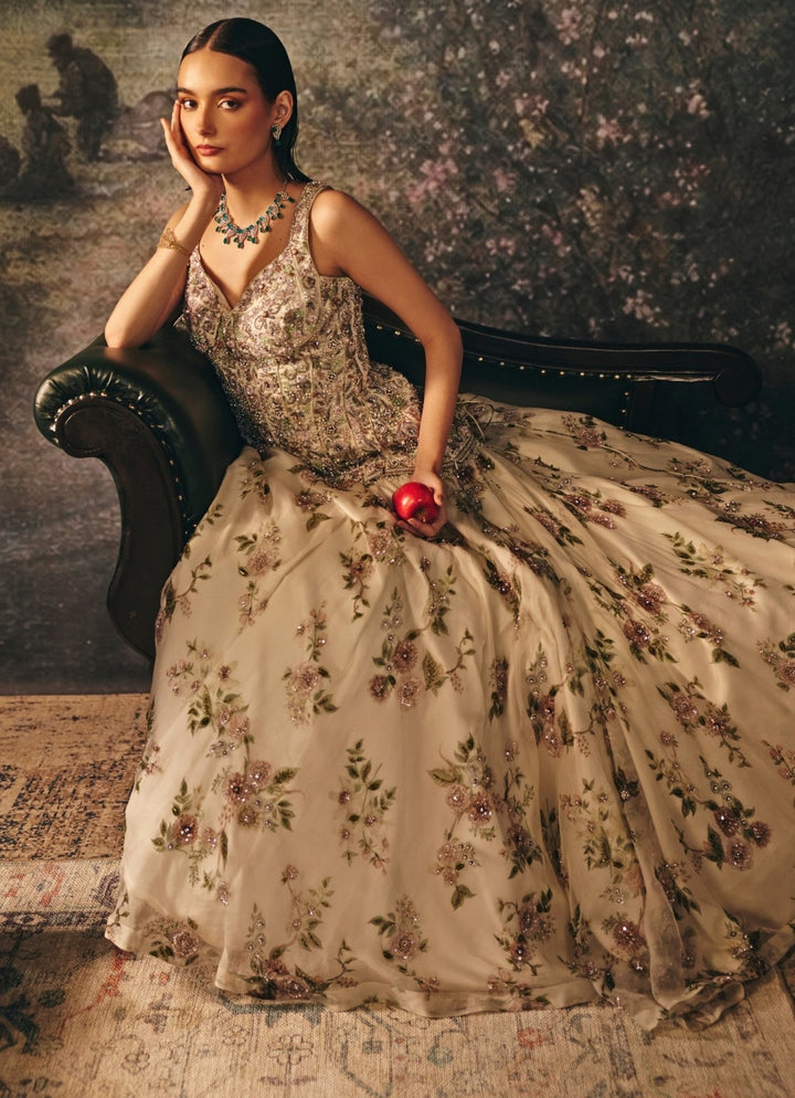 Ivory Printed Organza Lehenga Set With Corset Mani Bhatia - Fabilicious Fashion