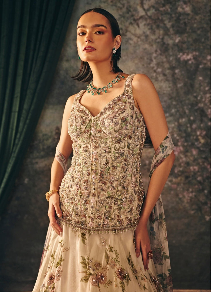 Ivory Printed Organza Lehenga Set With Corset Mani Bhatia - Fabilicious Fashion