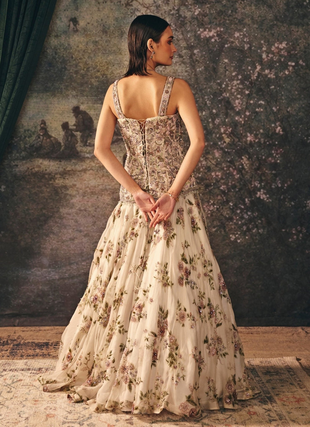 Ivory Printed Organza Lehenga Set With Corset Mani Bhatia - Fabilicious Fashion