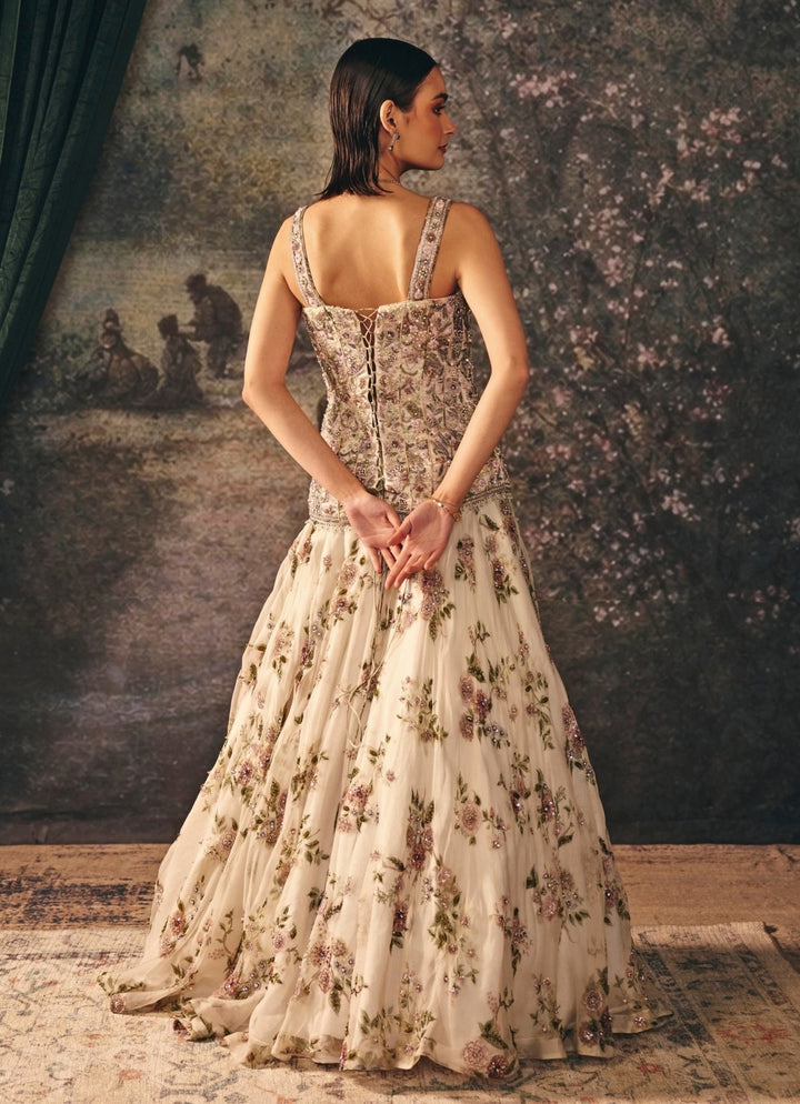 Ivory Printed Organza Lehenga Set With Corset Mani Bhatia - Fabilicious Fashion