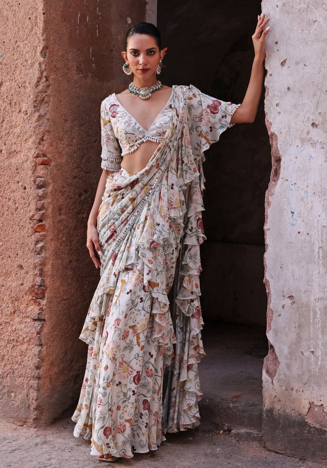 Ivory Printed Pre-Stitched Ruffle Saree set Seema Thukral - Fabilicious Fashion