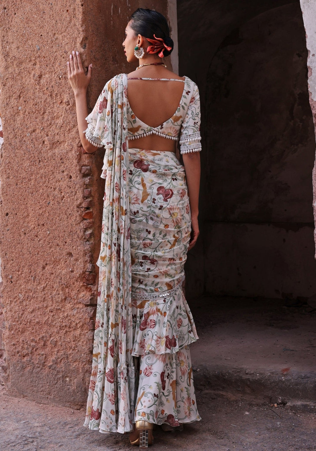 Ivory Printed Pre-Stitched Ruffle Saree set Seema Thukral - Fabilicious Fashion