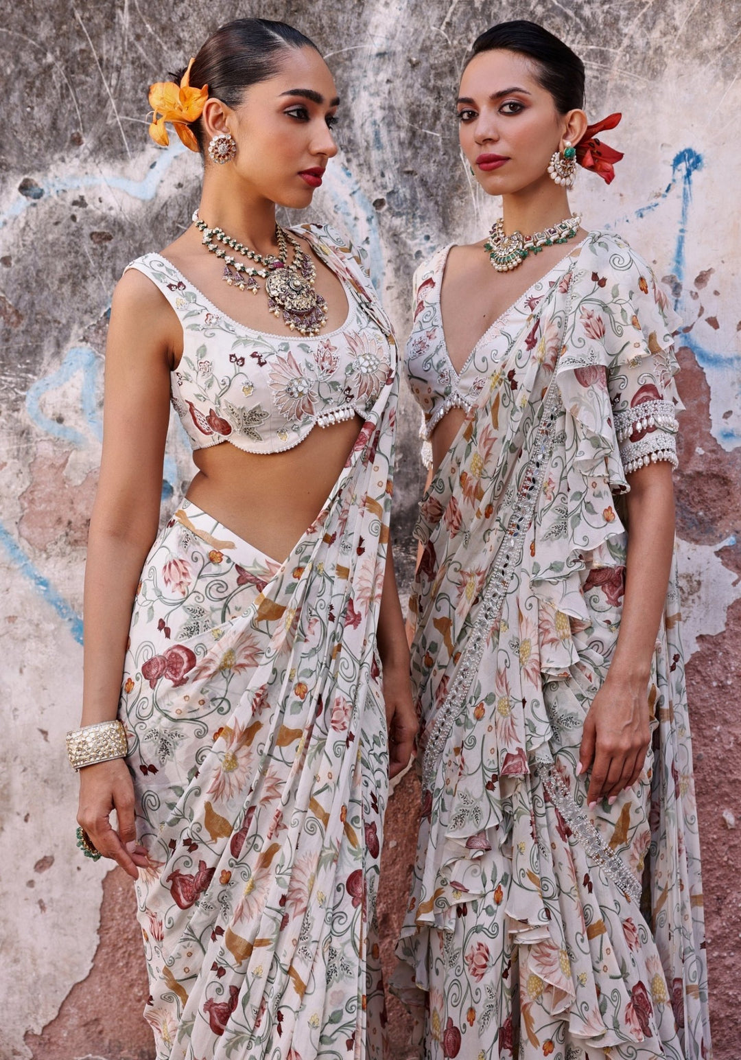 Ivory Printed Pre-Stitched Ruffle Saree set Seema Thukral - Fabilicious Fashion