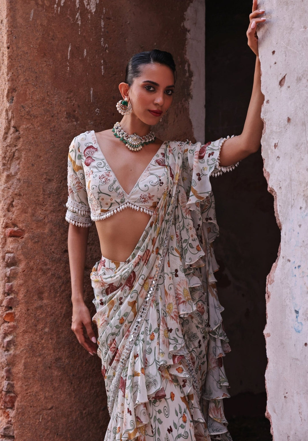Ivory Printed Pre-Stitched Ruffle Saree set Seema Thukral - Fabilicious Fashion