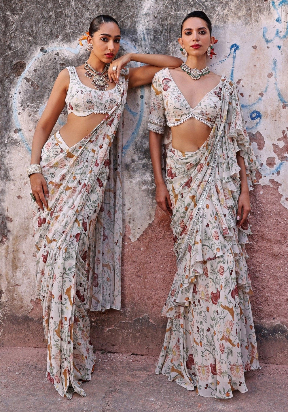 Ivory Printed Pre-Stitched Ruffle Saree set Seema Thukral - Fabilicious Fashion