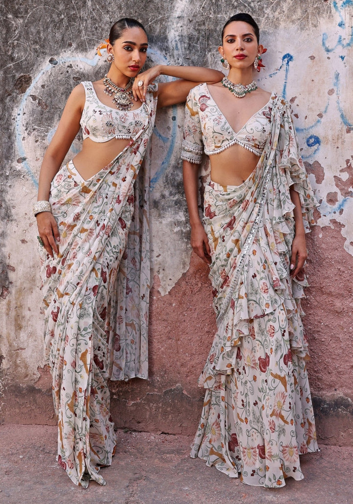 Ivory Printed Pre-Stitched Ruffle Saree set Seema Thukral - Fabilicious Fashion