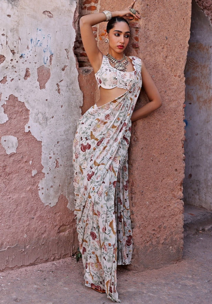 Ivory Printed Pre-Stitched Saree Set Seema Thukral - Fabilicious Fashion