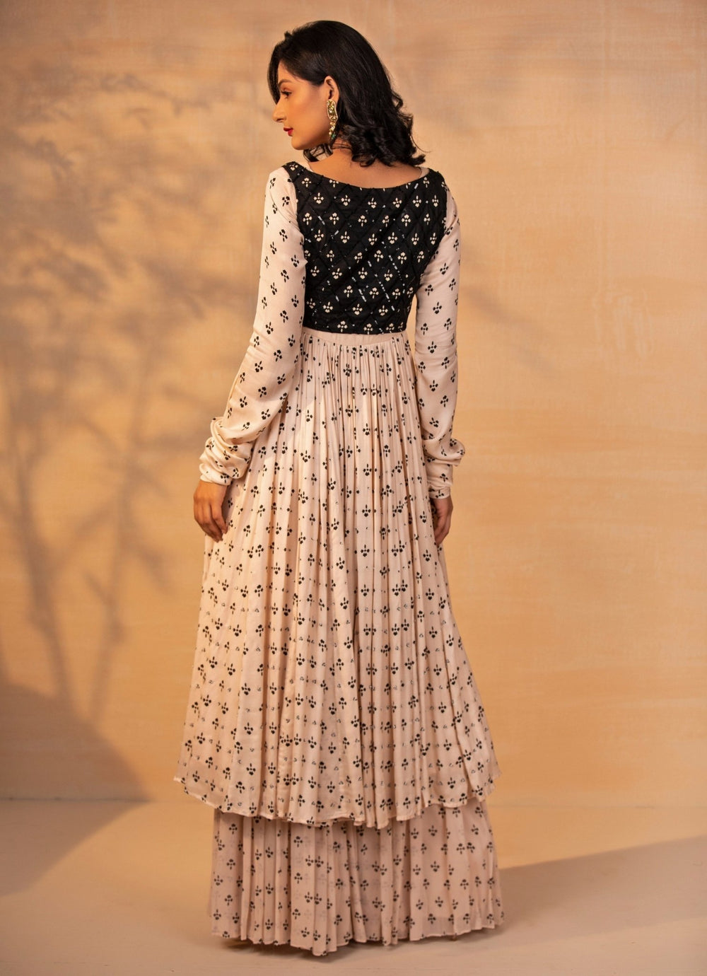 Ivory Printed Satin Jacket Anarkali Set Esha Koul - Fabilicious Fashion