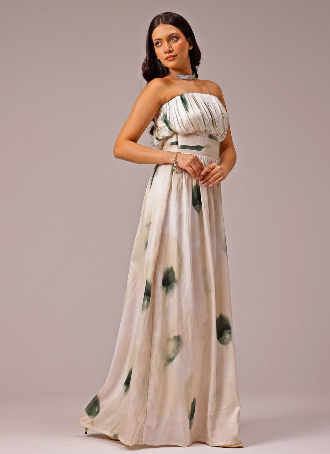 Studio Surbhi Ivory Printed Satin Maxi DressFabilicious Fashion
